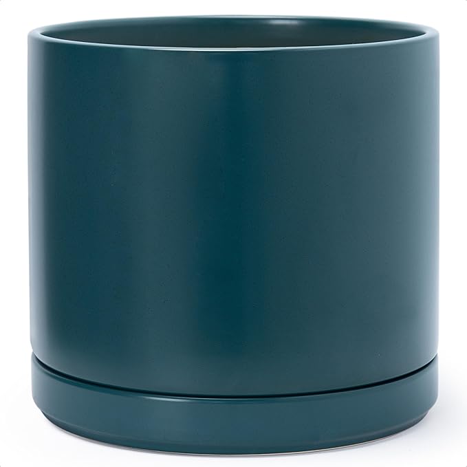 D'vine Dev 14 Inch Ceramic Planter Pot with Drainage Hole and Saucer, Indoor Cylinder Round Planter Pot, Teal, 94-O-G-9