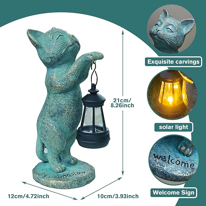 Outdoor Garden Cat Statues Decor - Birthday Gifts for Women Resin Cat Figurines with Solar Lantern for Yard Art Lawn Ornaments Porch Patio Balcony - Gifts for Grandma Mom Wife