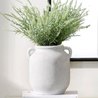 Ceramic Flower Vase Home Decor - 7.6 Inch Farmhouse Rustic White Table Vases with Handle Living Room Decoration Decorative Vintage Pottery for Kitchen Shelf Coffee Dining Desk Bookshelf Fireplace