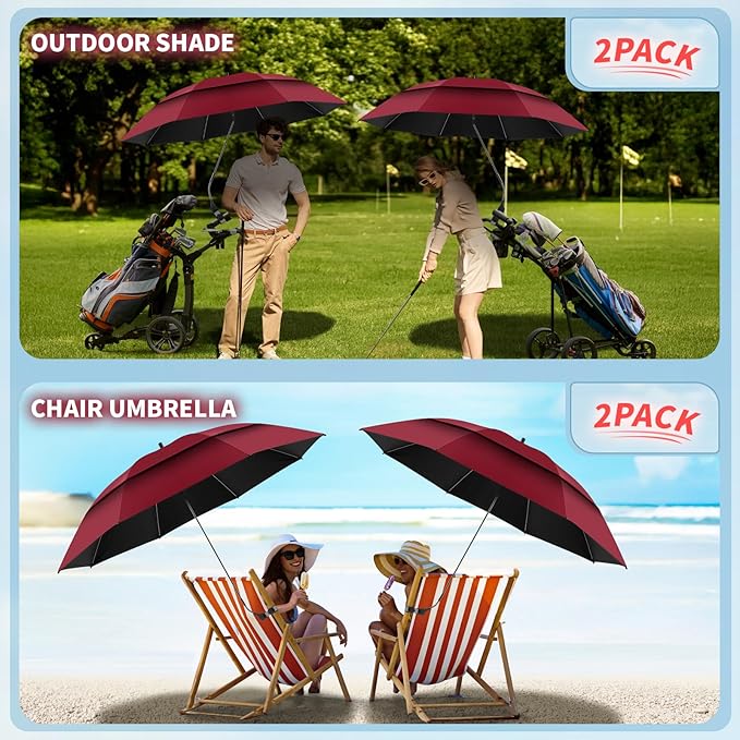 2 Pack 48.6" Double Canopy Umbrella with Clamp, UPF50+ Beach Chair Umbrella with clip, 360°Adjustable Portable Outdoor Wheelchair, Patio, Golf Carts,Camping(Not Include Chair)