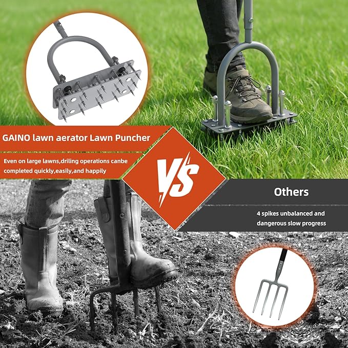 GAINO Manual Lawn Aerator Tool with 15 Spikes, 32"-35" Adjustable T-Handle Aerator for Lawn, Automatic Dirt Ejection Design, Heavy Duty Yard Grass Aerator for Soil Compaction,Gray