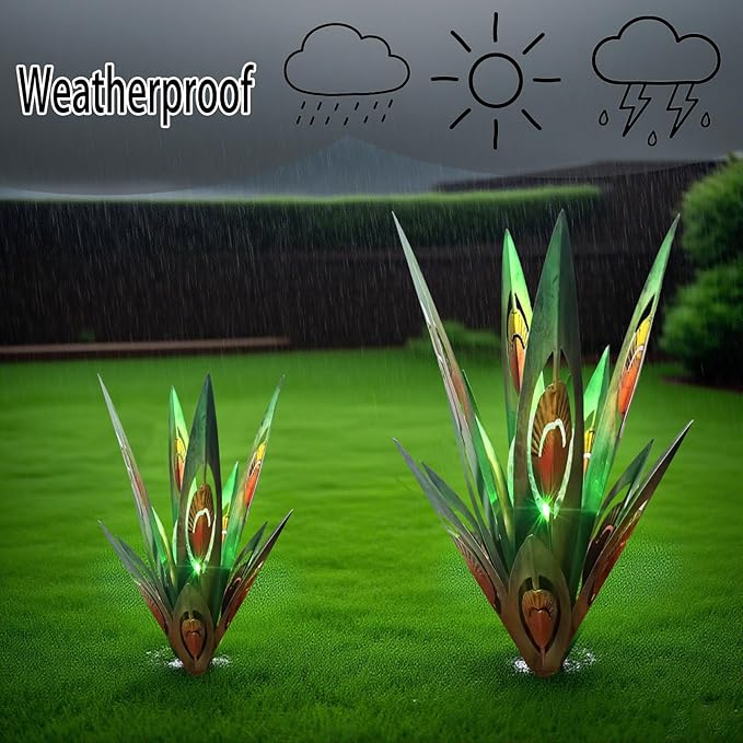 Jesokiibo 2pcs Tequila Sculpture Metal Agave Plant Home Decor Rustic Hand Painted Figurines Yard Decorations Lawn Ornaments（Multi-Color LED Solar Light Green） (Green)