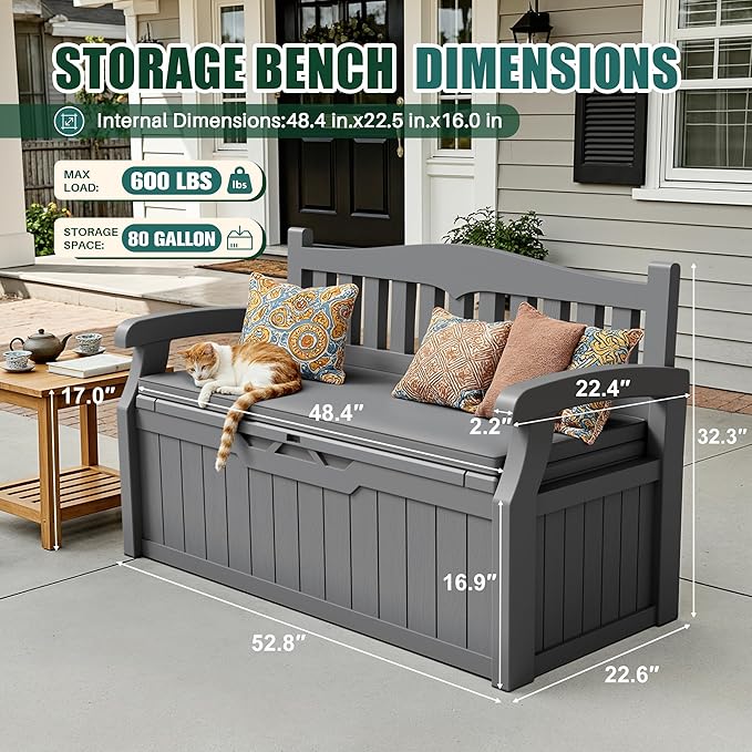 Devoko 80 Gallon Storage Bench with Cushion, Lockable Deck Box for Patio Furniture, Garden Decor and Outdoor Seating for Cushions, Garden Tools and Pool Supplies (Grey, 80 Gallon with Cushion)