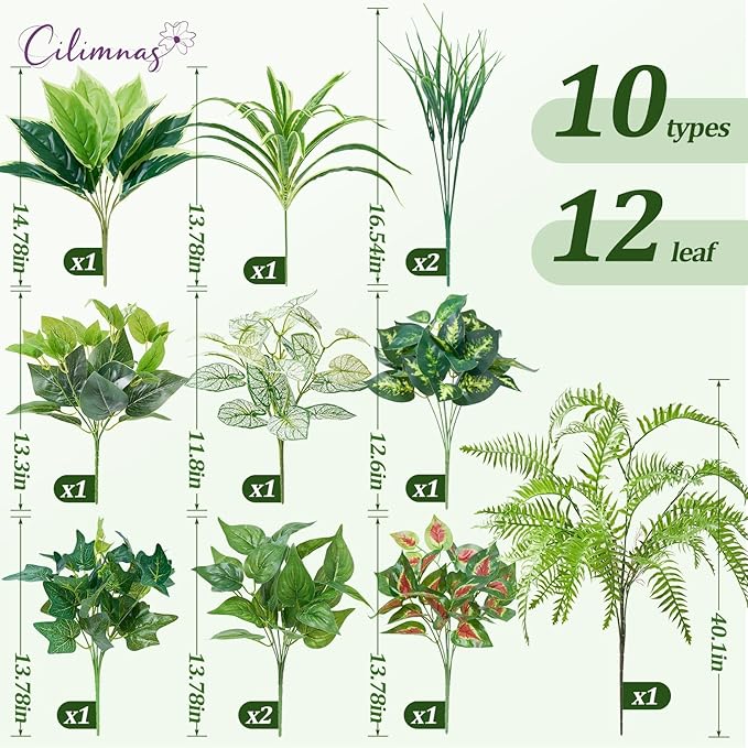 Artificial Plants Outdoor,12PCS UV Resistant Fake Greenery with Stems Faux Plant Outside for Front Proch Garden Patio Planters Window Boxes Home Decor(Not Included Pot)