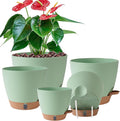 Self Watering Pots for Inoor Ourdoor Plants 8/7/6.5/6/5 Inch Plastic Planters with Drainage Holes & Water Level Indicator, Decorative House Flower Nursery Planting Pots with Saucers(Green)