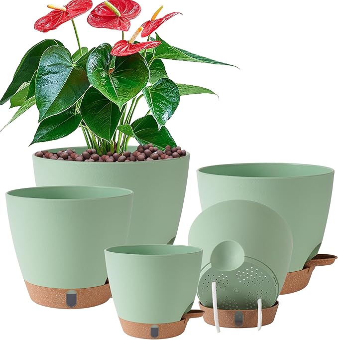 Self Watering Pots for Inoor Ourdoor Plants 8/7/6.5/6/5 Inch Plastic Planters with Drainage Holes & Water Level Indicator, Decorative House Flower Nursery Planting Pots with Saucers(Green)