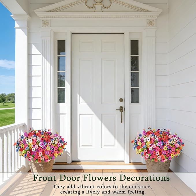 16 Bundles Artificial Flowers for Outdoors, Realistic Fake Silk Flowers for Outside, UV Resistant Faux Plants for Outdoor Planter, Hanging Basket - Porch Spring Easter Decor(8 Colors)