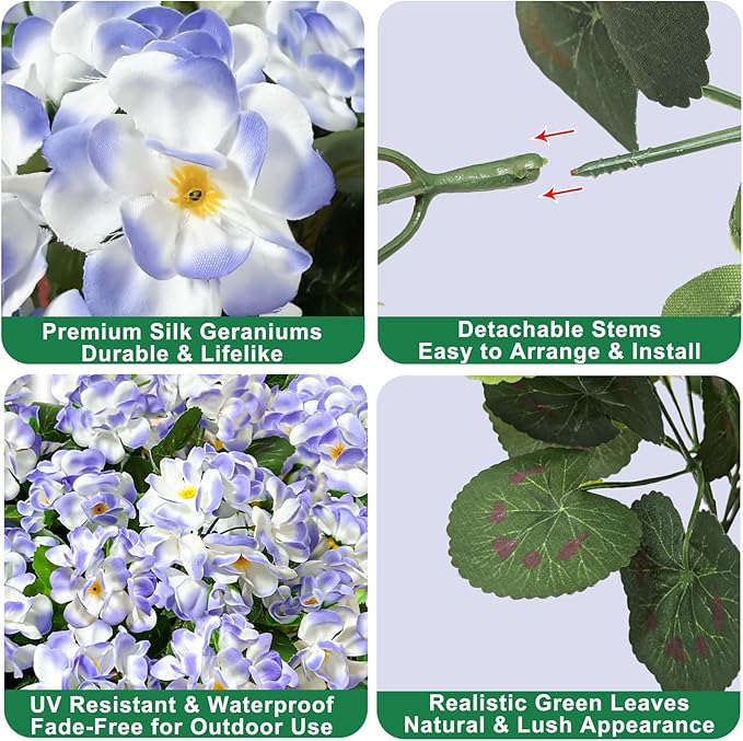 TURNMEON Artificial Geraniums Flowers for Outdoors Summer Decoration, 4 Bundles Fake Flowers Silk Purple Flowers UV Resistant No Fade Faux Plants for Planter Gardens Table Porch Indoor Cemetery Decor