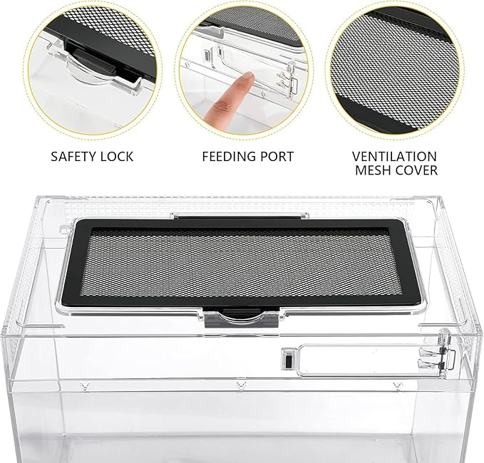 HELIME Reptile Polycarbonate Terrarium Kit 5 Piece Starter Habitat for Tarantula,Lizards,Frogs,Geckos,or Hermit Crabs,Tank with Escape-Proof Locking Lid,Hygrometer,Hide,Tweezer,Bowl,Sprayer
