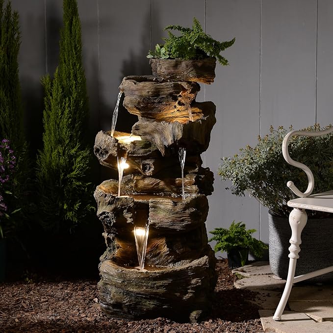 Sunlinua 40H Realistic Tree Cascading Outdoor Water Fountain with 5 Tiers | Resin material,ideal for garden patio backyard porch home decor,6 LED light,easy to install,gifts for women men mom father