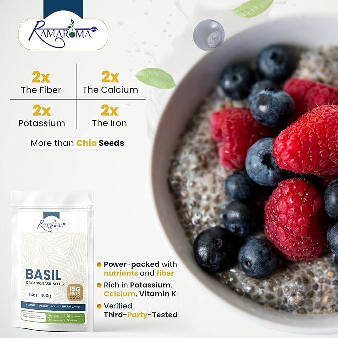 Basil Seeds (Tukmaria) | Edible HolyBasil Seeds USDA Organic | More Fiber Than chia | Plant Based, Keto, Paleo, Vegan, prebiotic (8, Basil seeds)