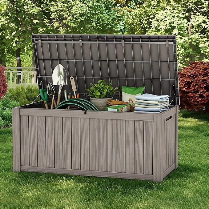150 Gallon Large Outdoor Storage Box Waterproof, UV Resistant Resin Deck Box with Hydraulic Rod & Lockable Latch for Patio Furniture, Outside Storage Box for Garden Tools, Patio Cushions, Gray