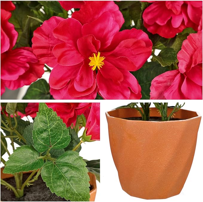 Briful Artificial Hibiscus Flowers in Pot, 14.1" Faux Tropical Flower Plant for Outdoor Porch, Potted Hot Pink Hibiscus Tabletop Decor for Living Room, Dining Table, Office, Indoor Home Décor