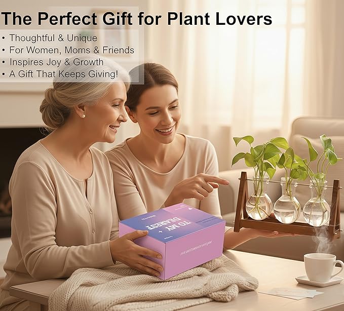 Plant Terrarium with Wooden Stand, 3 Bulb Glass Vase Metal Holder, Retro Hydroponics Planter for Home/Garden/Office Decor, for Women & Mom (1, Natural Wood, 3-Bulb)