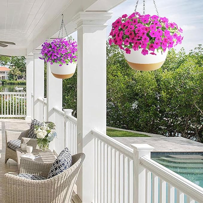 Koalaime 2 Pack Hanging Planters Set,10 Inch Indoor Outdoor Hanging Plant Pot Basket,Hanging Flower Pot with Drainage Hole with 3 Hooks for Garden Home(Purple Hanger White Planters)