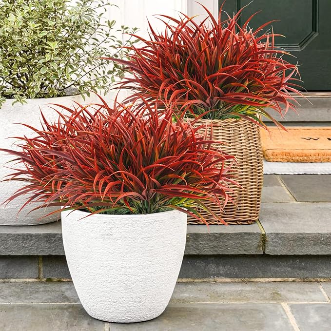 Uieke 6 Bundles Artificial Outdoor Plants UV Resistant Fake Grass Plants Faux Plastic Plants Greenery Shrubs for Home Garden Pathway Window Box Front Porch Cemetery Fall Decor, Autumn Red