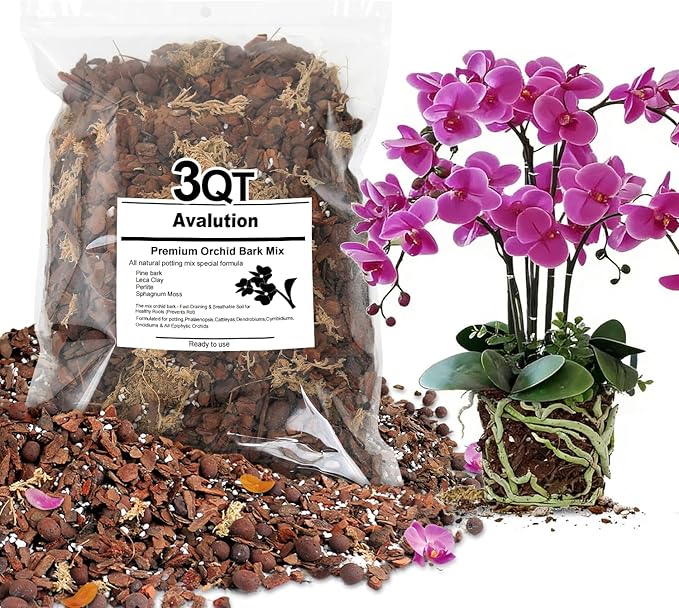 Orchid Bark Potting Mix 3 Quart, Mix Pine Bark,Perlite, Sphagnum Moss and Clay Pebbles for Plants, Orchid Garden Soil for Potting,Repotting