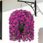 Artificial Fake Flowers Plants Hanging Baskets for Outdoor Outside, Faux Silk Hanging Dark Purple and Fuchsia Morning Glory Trailing Vines UV Resistant Look Real for Porch Patio Home Decoration