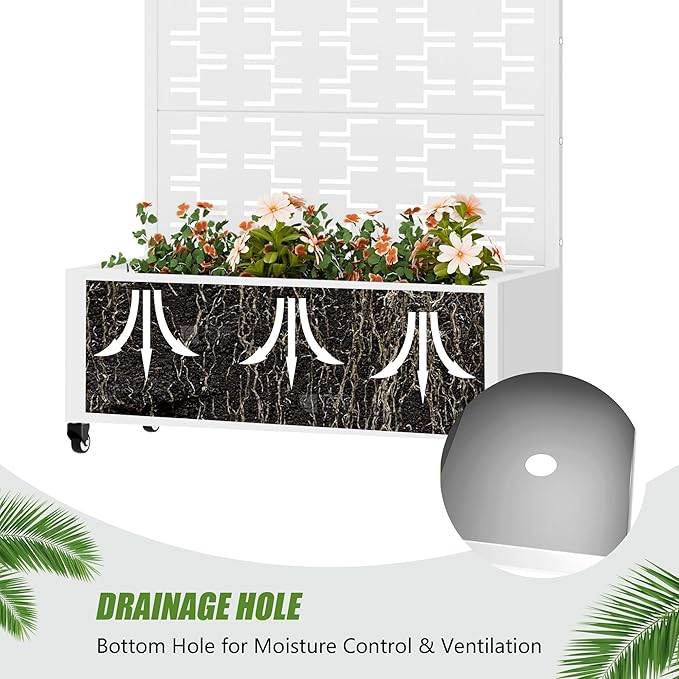 Casaphoria Metal Raised Garden Bed with Trellis and Wheels, 72"x35"x16" Planter Box for Climbing Plants, Vegetables & Vines, Features Drainage Holes and Privacy Screen, White-Brick