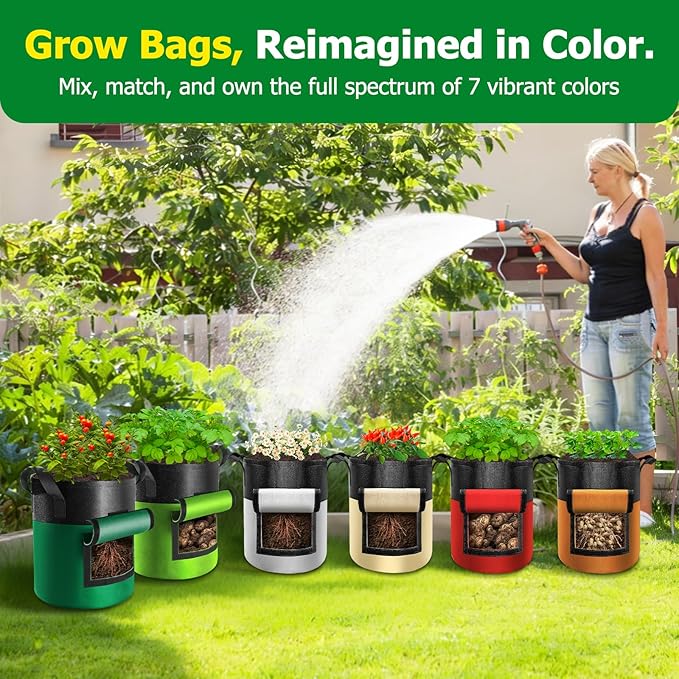 6 Pack Potato Grow Bags with Flap, 10 Gallon Grow Bags for Growing Potatoes, Colorful Durable Fabric Garden Planter Pots with Harvest Window for Tomatoes Vegetables Fruit Flowers Herbs