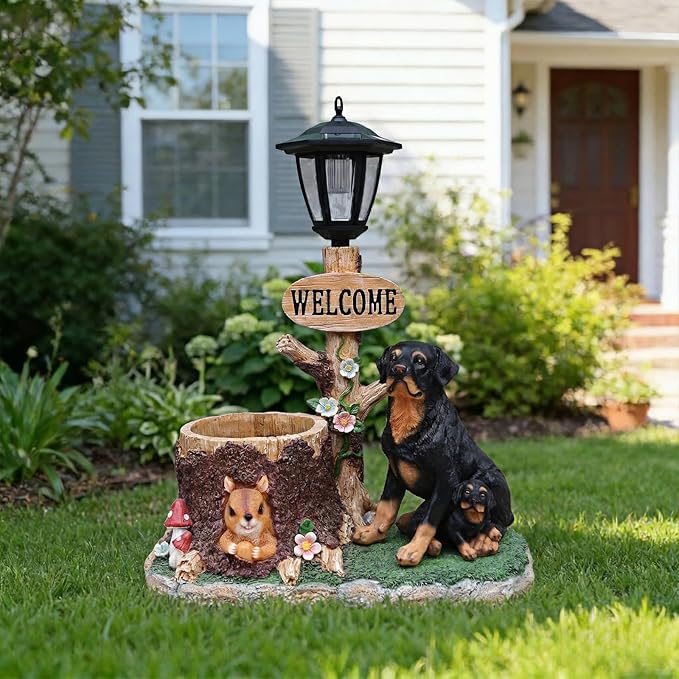 Animal Outdoor Statue Planter Solar Light Welcome Garden Sculpture Resin Flower Pot Decorative Porch Patio Yard Lawn Entryway Figurine with LED Lamp Rustic Plant Holder Ornament Courtyard (L)