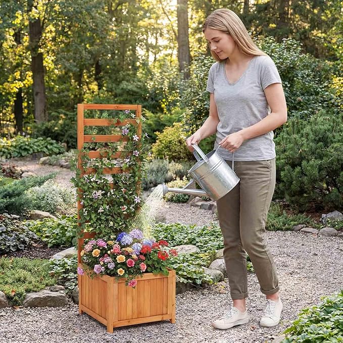 HAPPYGRILL Raised Garden Bed with Trellis, 48" Wood Elevated Planter Box w/Drainage Holes & Gaps for Climbing Plants Vines Flowers, Indoor Outdoor Privacy Fence Planter Raised Bed for Patio Yard (1)
