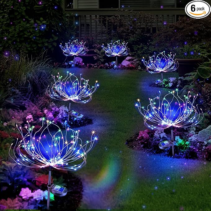 Anordsem Solar Lights Outdoor Waterproof: 6 Pack Garden Light - Bendable Copper Wire with 120 LED Firework Beads - DIY Colorful Fun Decoration for Yard Patio - Twinkle Sparkler Gifts for Women Wife