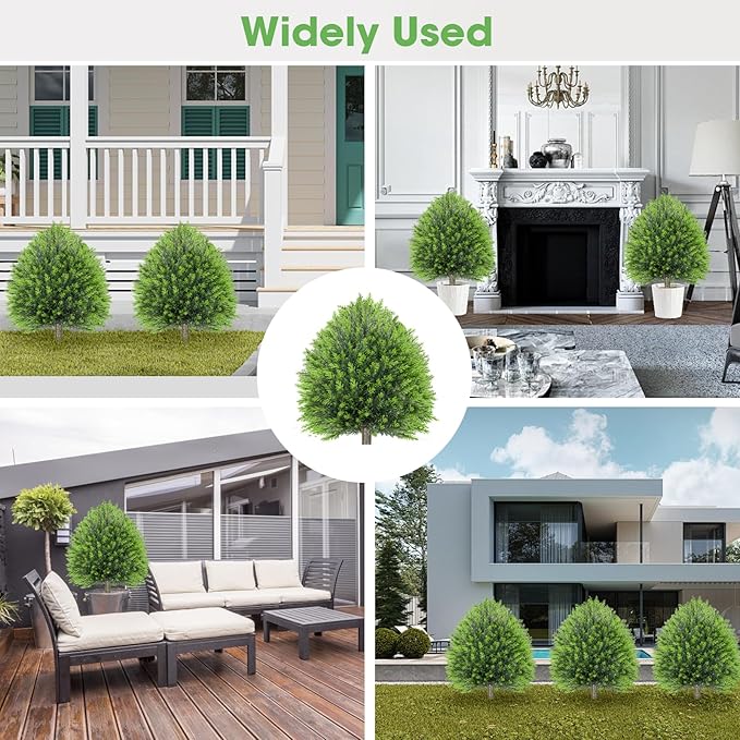 25.6" Artificial Cedar Topiary Ball Plants: Set of 2 Faux Cypress Bushes with Spike – UV Resistant & Fade Resistant Artificial Shrubs, Evergreen Spring Fake Tree for Outdoor Indoor Porch Garden
