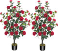 3.6FT Artificial Camellia Fake Tree, Artificial Plants & Flowers with 32 Red Flowers for Door Front Decoration Porch Patio Living Room Office Indoor Outdoor Decor (2PCS Contains Faux Moss)
