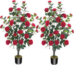 3.6FT Artificial Camellia Fake Tree, Artificial Plants & Flowers with 32 Red Flowers for Door Front Decoration Porch Patio Living Room Office Indoor Outdoor Decor (2PCS Contains Faux Moss)