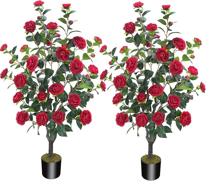3.6FT Artificial Camellia Fake Tree, Artificial Plants & Flowers with 32 Red Flowers for Door Front Decoration Porch Patio Living Room Office Indoor Outdoor Decor (2PCS Contains Faux Moss)
