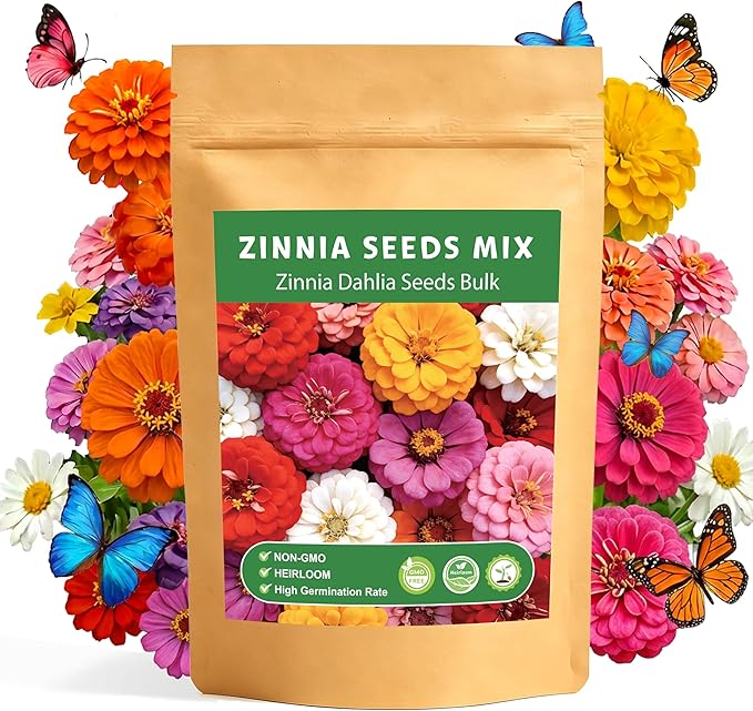 LUOJIBIE Zinnia Seeds for 2026, 6,000+ California Giant Zinnia Seeds Bulk, Double Dahlia Zinnia Mixed Color Seeds, Flower Seeds for Planting Outdoor Garden, Non-GMO Heirloom, Easy to Grow