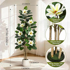 Fiddle Leaf Fig Tree 5FT Tall Artificial Plant, Large Fake Tree in White Planter, Faux Rubber Tree Fake Floor Plant with Magnolia Flowers - Artificial Tree for Home Office Living Room Decor, White