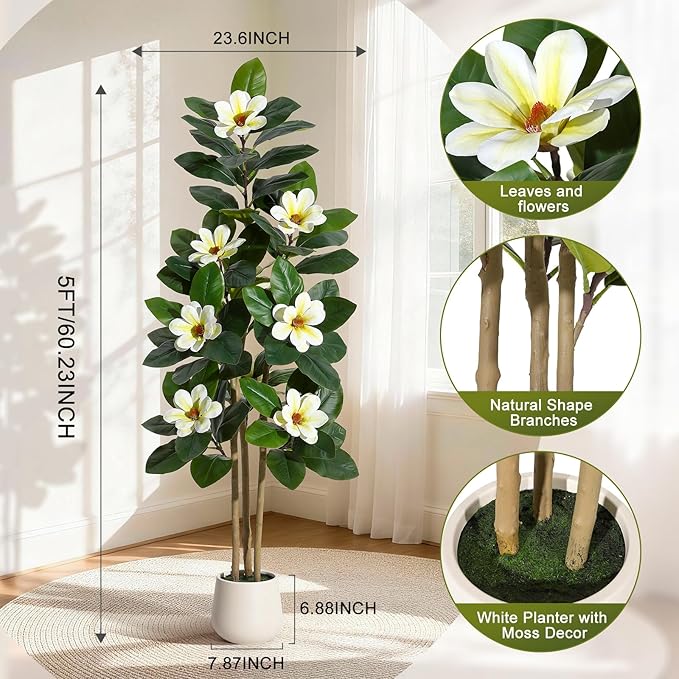 Fiddle Leaf Fig Tree 5FT Tall Artificial Plant, Large Fake Tree in White Planter, Faux Rubber Tree Fake Floor Plant with Magnolia Flowers - Artificial Tree for Home Office Living Room Decor, White