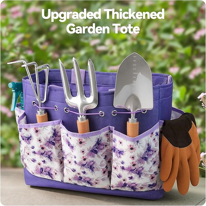 Grenebo Gardening Tools 9-Piece Heavy Duty Garden Hand Tools with Fashion and Durable Garden Tools Organizer Handbag, Rust-Proof Garden Tool Set, Ideal Gardening Gifts for Women (Purple)