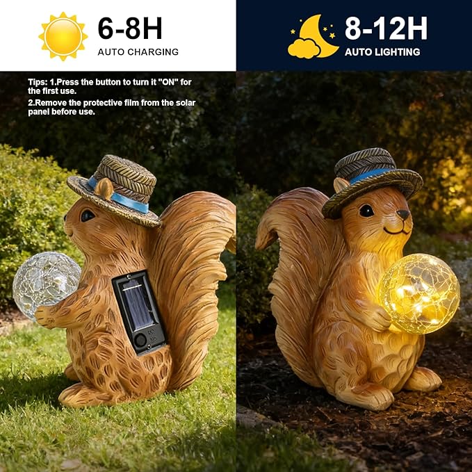 Solar Squirrel Figurine Garden Decor with LED Glowing Ball, Outdoor Statues Decorations for Yard, Patio, Lawn - Unique Gifts for Women Mom Grandma