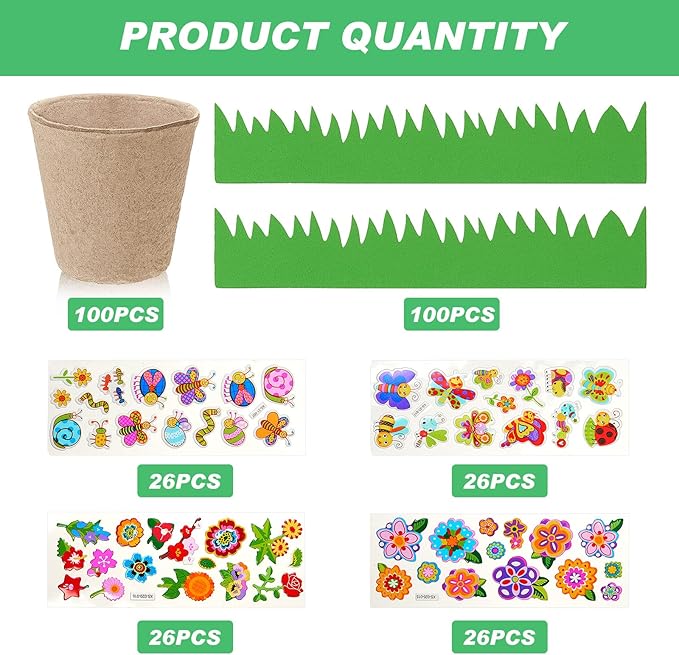 Gueevin 50 Pack Garden Paper Pot Craft Kit Flower Plant Spring Craft Including Peat Plant Pots Adhesive Foam Stickers Pot Stickers EVA Grass for DIY Flower Planting Growing