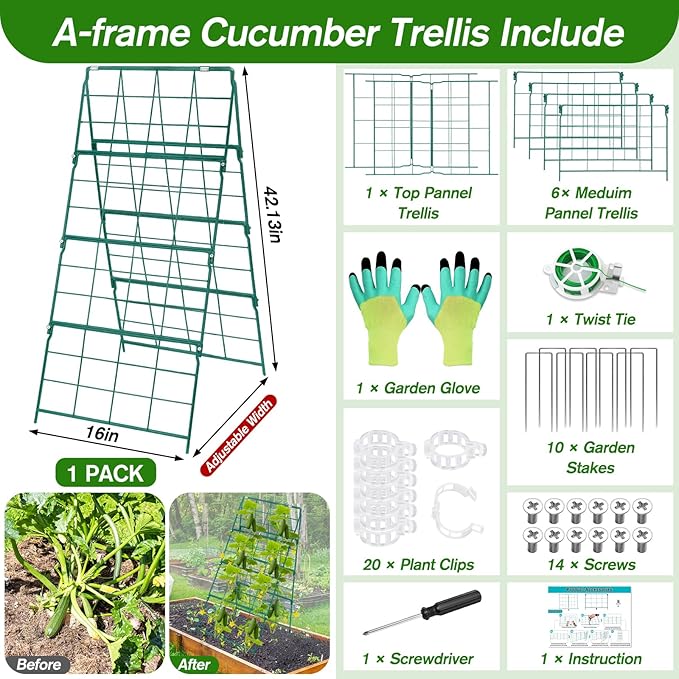 Cucumber Trellis for Raised Bed A Frame Metal Garden Trellis for Climbing Plants Outdoor, 42 x 16IN Foldable Coated Steel Cucumbers Trelli, Easy to Install Cucumber Trellis for Vegetable Fruit