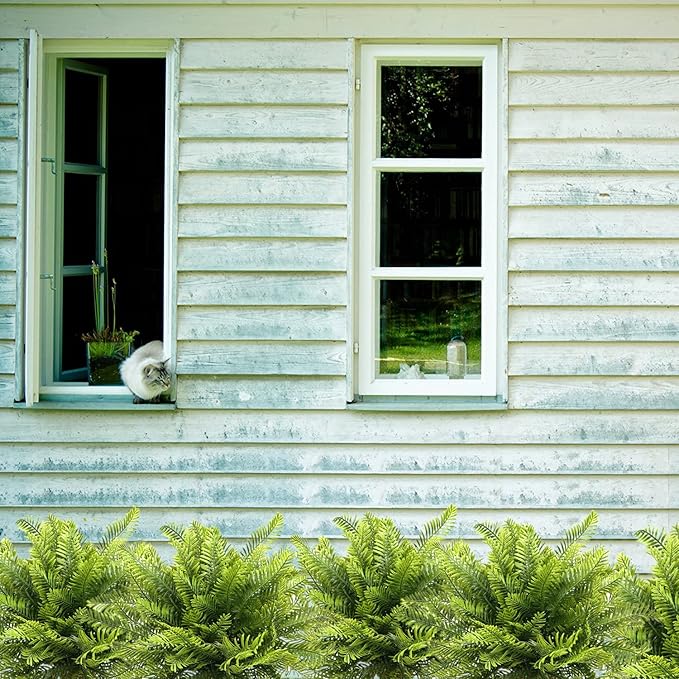 PASYOU Artificial Boston Fern Plants Decor, Fake Shrubs Greenery Leaves Plant Bamboo UV Resistant for Outdoors Indoor Hanging Planter Front Porch Garden Farmhouse Decoration 4 Pack