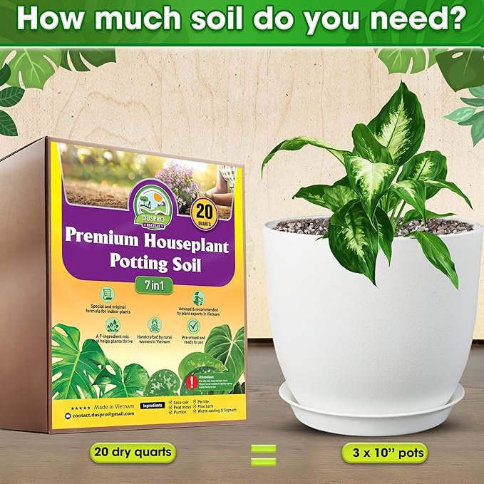 DUSPRO Recycle 20QRT Pre-Mixed House Plant Potting Mix 7in1 with Potting Soil Indoor Plants, Tropical Indoor Potting Soil with Pine Bark, Pumice, Coco Coir, Perlite, Worm Castings, Gypsum, Peat Moss
