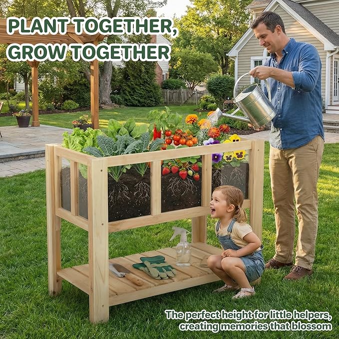 Raised Garden Bed for Small Balcony, 28.3''x16.3''x23.6'' Wood Planter Box with Transparent Window, Drainage Holes, Storage Shelf, Garden Beds Flower Stand Patio Kitchen, Gift for Gardening