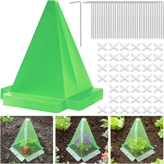 40 Pack Cloches for Plants, 7.8" x 11" Plastic Small Plant Seedling Protector with 80pcs Metal Stakes, Reusable Bell Covers to Protect Plants from Birds, Slugs, Sun, Frost, Freeze Weathe (Green)