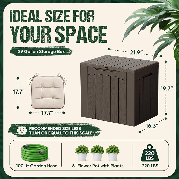 Devoko 29 Gallon Waterproof Outdoor Storage Box Resin Deck Box Lockable and UV Resistant for Patio Furniture, Garden Tools (Brown, 29 Gallon)