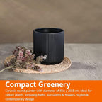 Amazon Basics Fluted Ceramic Round Planter with Drainage Hole, Indoor Outdoor Flower Pot, 8-inch, Black