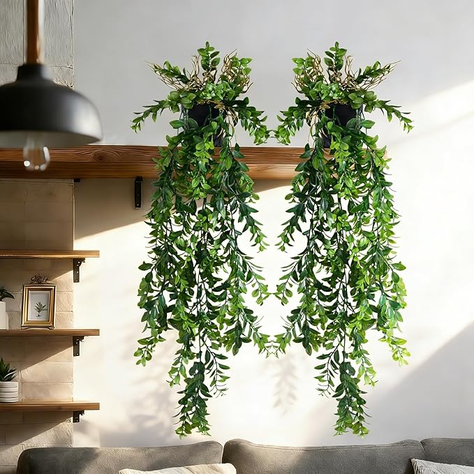 2 Pcs Faux Eucalyptus Vine Ivy Vine Artificial Hanging Plant Faux Plant Fake Potted Greenery for Wall Living Room Home Shelf Office Bathroom Outdoor Indoor Decor (Type 4)