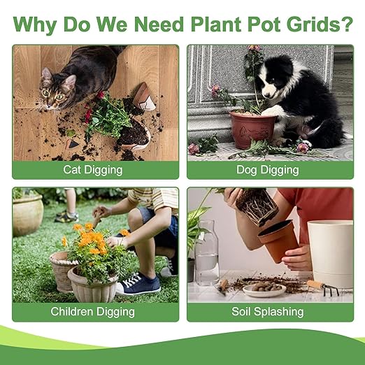 6 Pack Plant Pot Soil Cover Grids with 24 U-Shaped Nails, 11.8 Inch Cuttable Cat & Animal Digging Stopper, Indoor Outdoor Soil Protector for Potted Plants