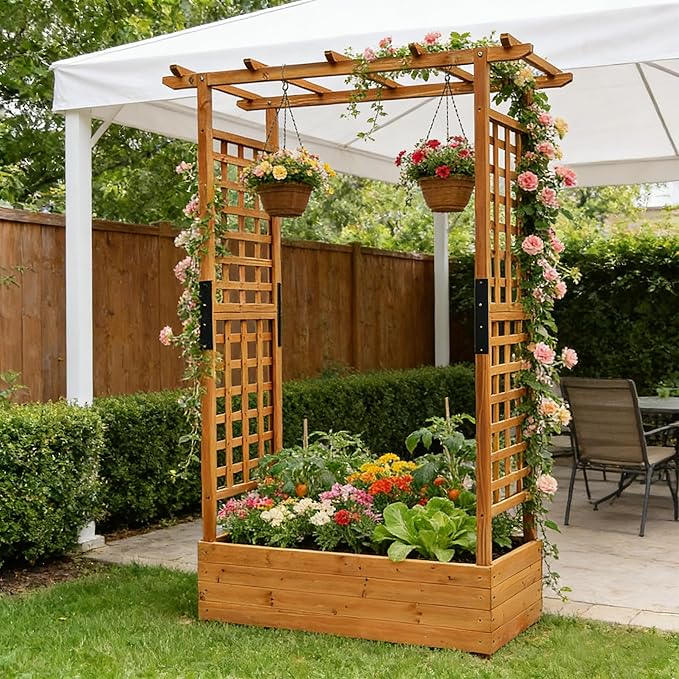 Raised Garden Bed Wooden Patio Planter with Trellis Outdoor Climbing Cucumber Box Pots Tomato Flower Vegetable Herb Porch, Tall Hanging Roof, Orange, 42.5" L x 17.3" W x 66.1" H