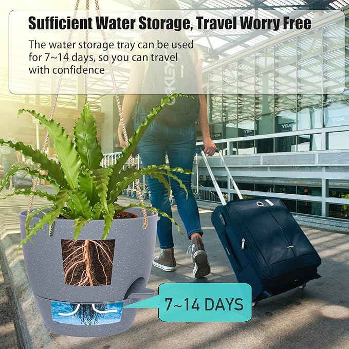 SwinDuck 10 Inch Self Watering Hanging Pots, 2 Pack Hanging Planters with 40oZ Deep Reservior for Indoor Outdoor Plants Flowers, Grey