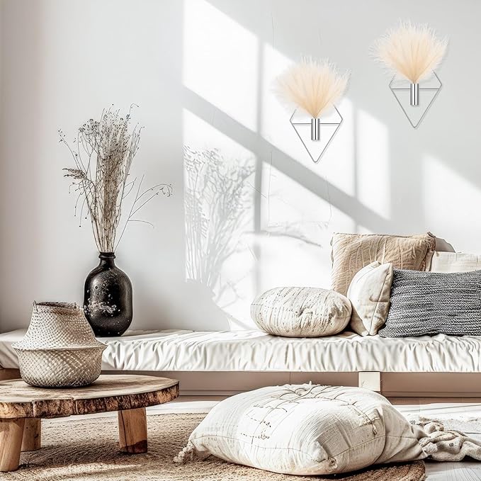 Canlierr 2 Pieces Wall Decor Hanging Planters with Artificial Plants Metal Hanging Vase Indoor Plants Holder Modern Boho Wall Art for Bathroom Bedroom Living Room Decor(Silver,Pampas Grass)
