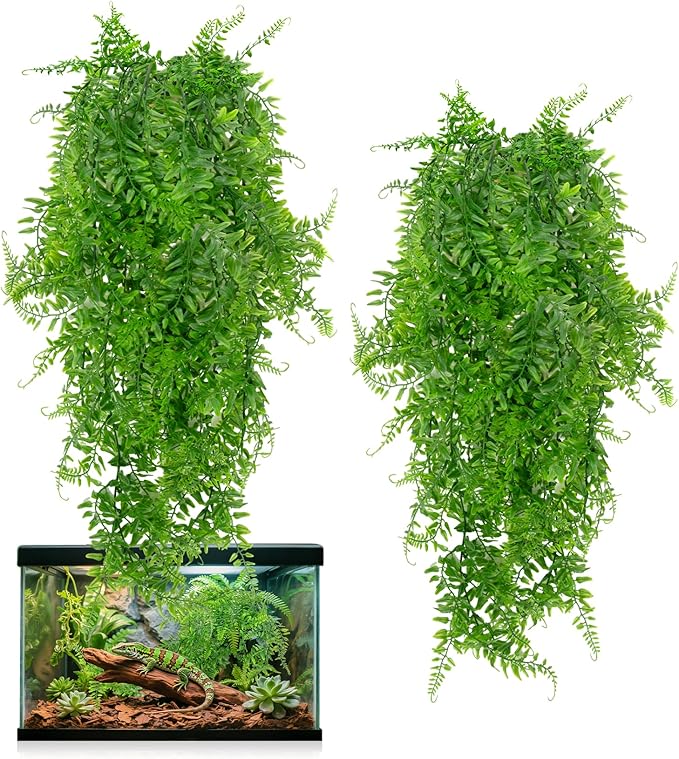 RAINFLOW 2PCS Reptile Plants for Terrarium - Fake Hanging Terrarium Plants, Artificial Boston Fern for Bearded Dragon Snake Geckos Hermit Crab Lizard Chameleon Turtle Reptile Decor(L31.5)